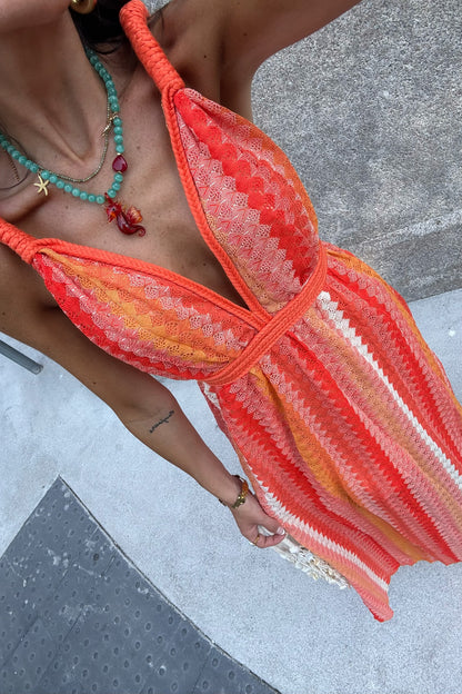 Long Crochet Dress in Shades of Orange