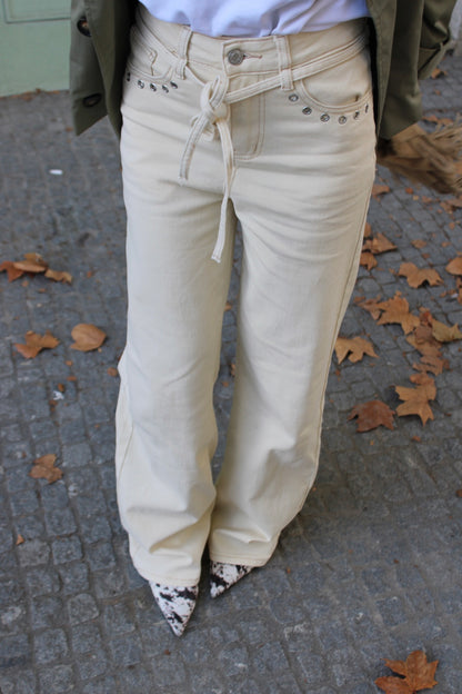 Cream Denim Pants with Eyelet Detail