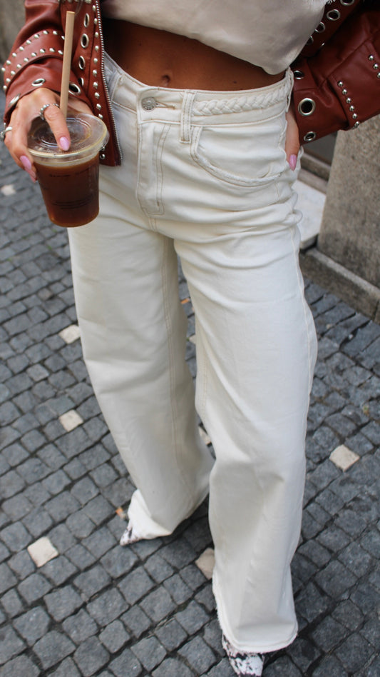 Wide-Leg Jeans with Braided Details in Off-White