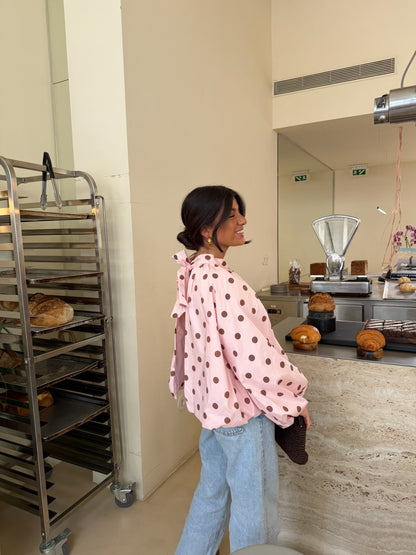 Pink Polka Dot Bow Back Blouse