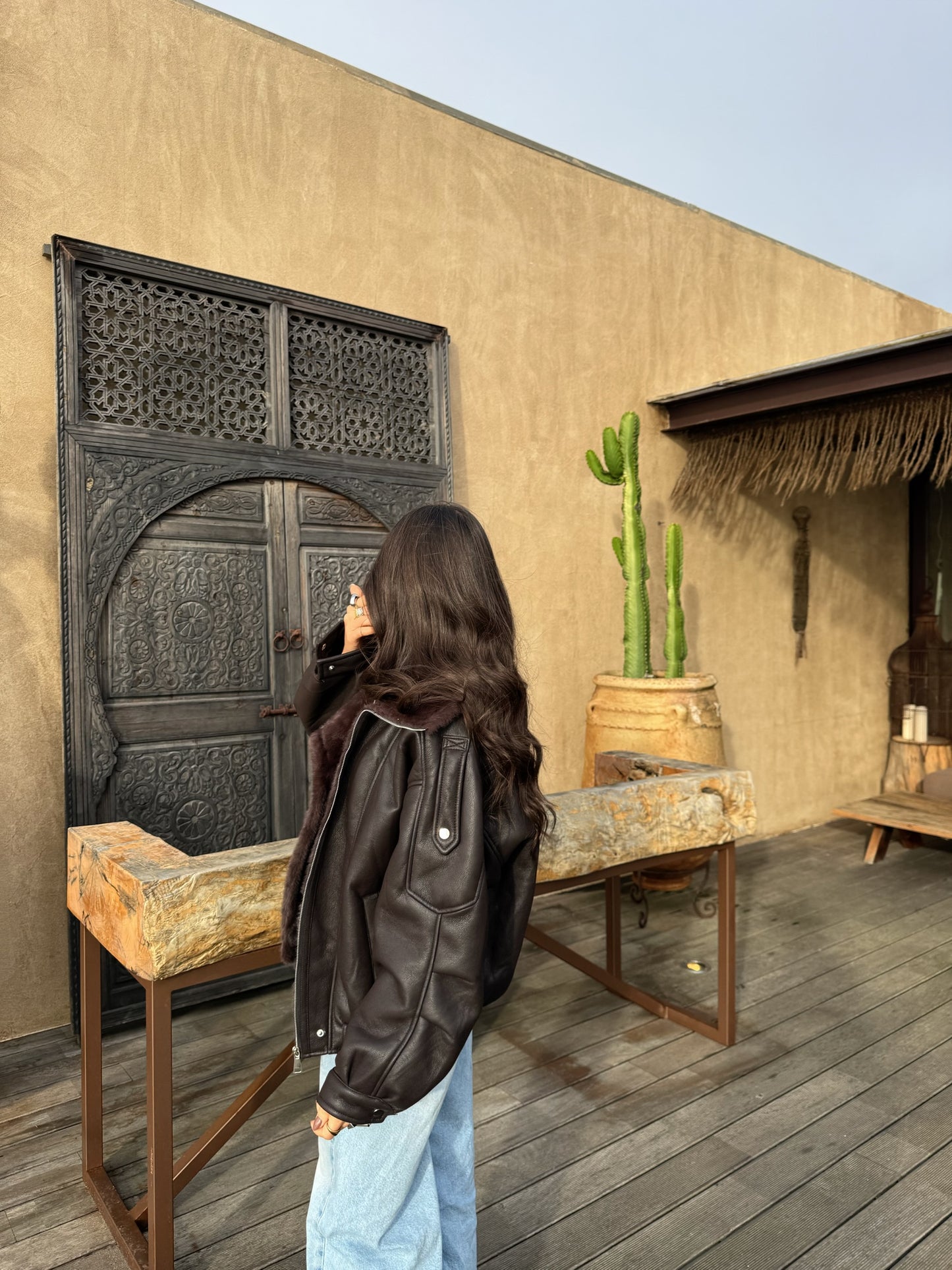 Chocolate Faux Fur Lined Aviator Jacket