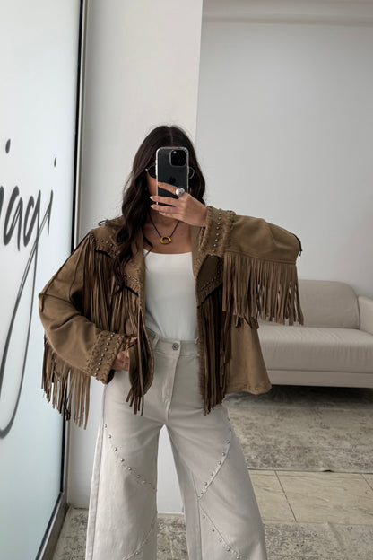 Suede-Effect Jacket with Fringe and Studded Details