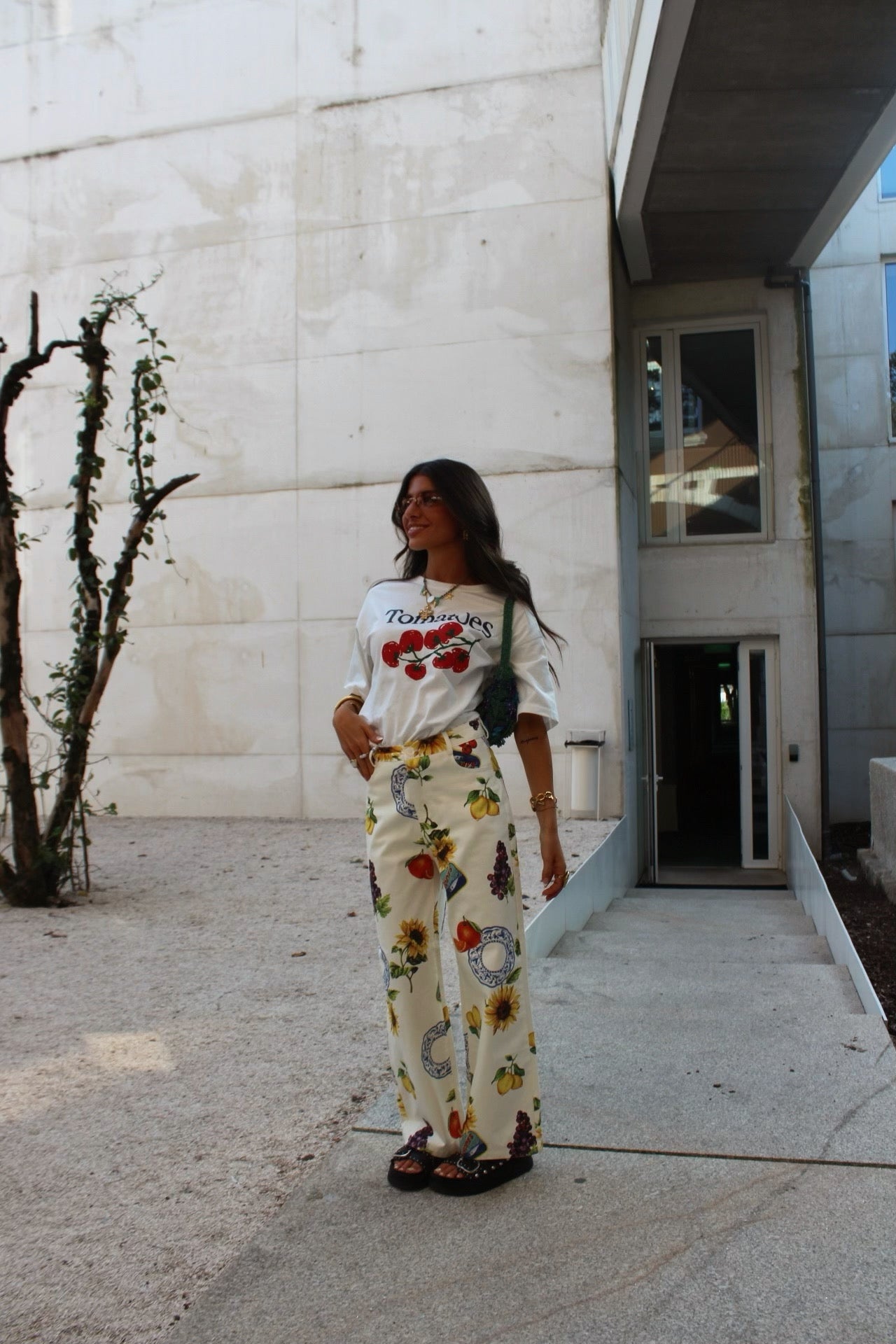 Wide-leg Jeans with Mediterranean-Inspired Prints