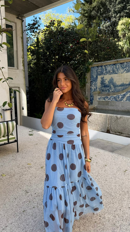 Polka Dot Maxi Dress in Blue & Brown