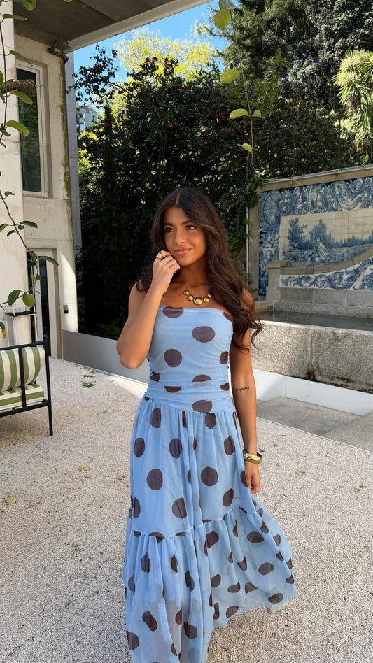 Polka Dot Maxi Dress in Blue & Brown