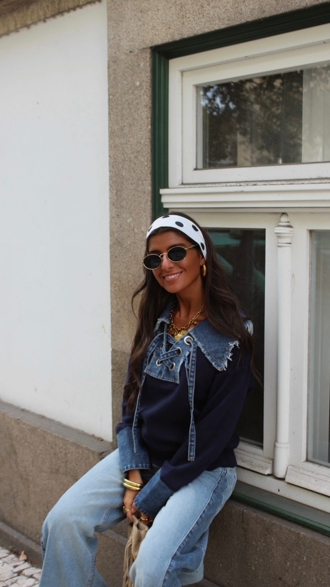 Lace-Up Knit & Denim Contrast Sweater in Navy