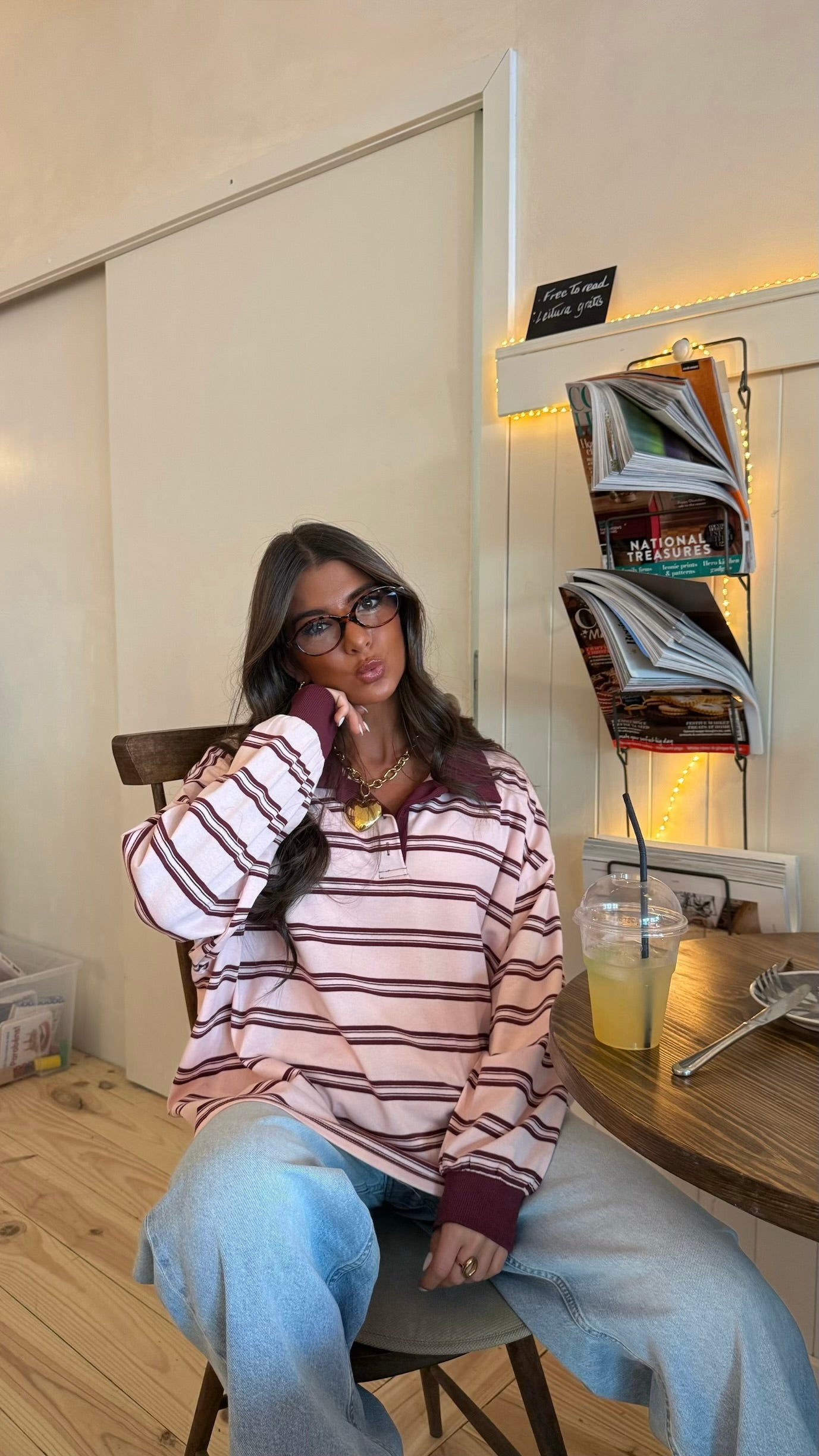 Rose & Burgundy Striped Polo Sweater