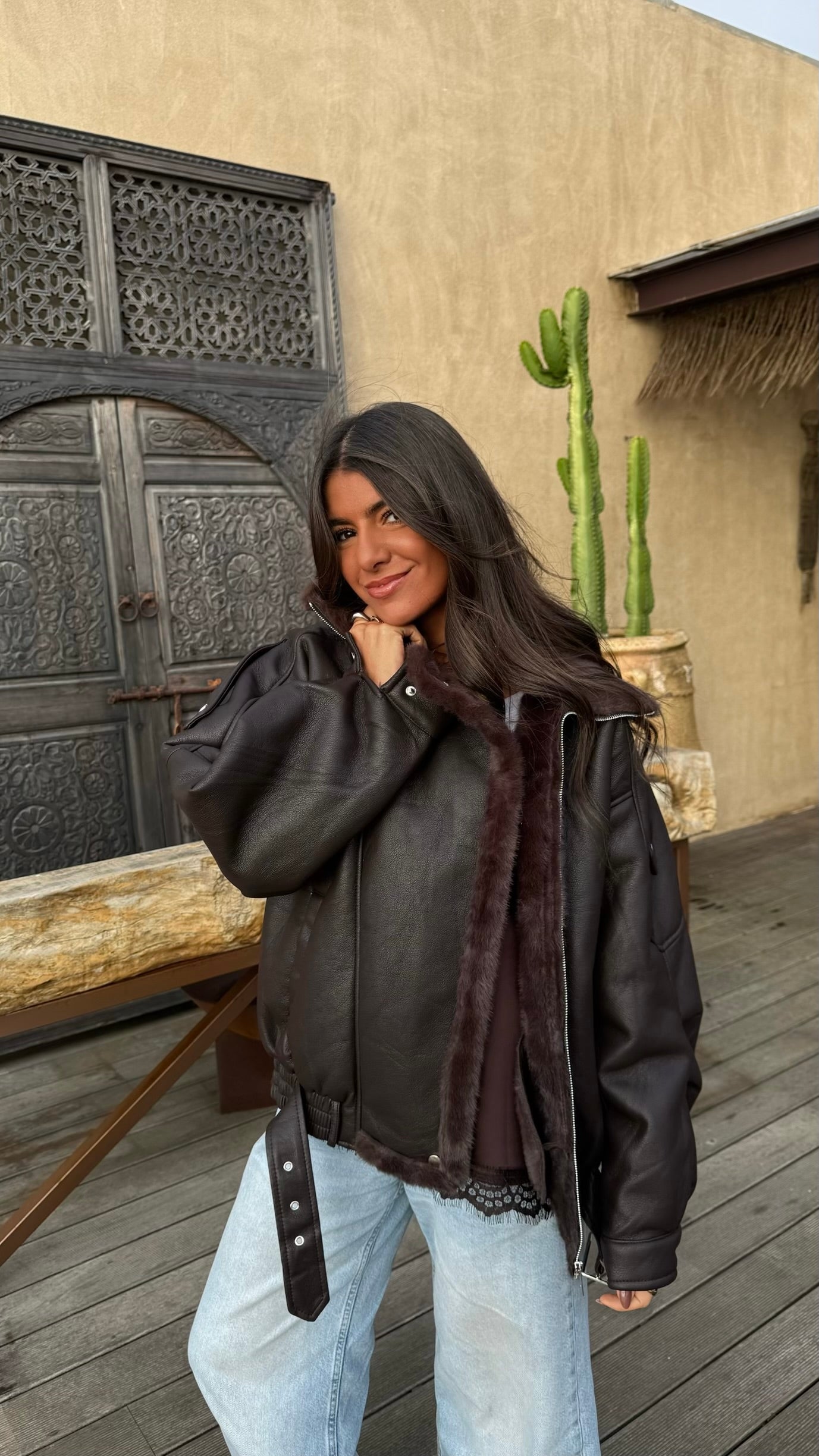 Chocolate Faux Fur Lined Aviator Jacket