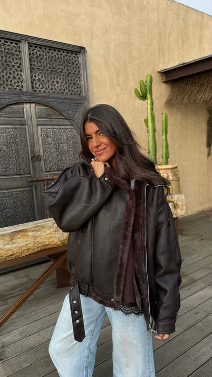 Chocolate Faux Fur Lined Aviator Jacket
