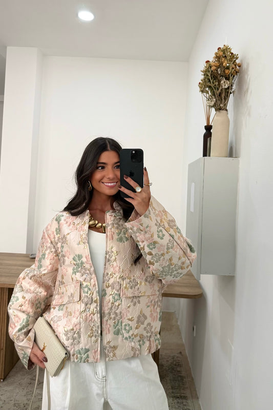 Floral Print Bomber Jacket with Gold Accents