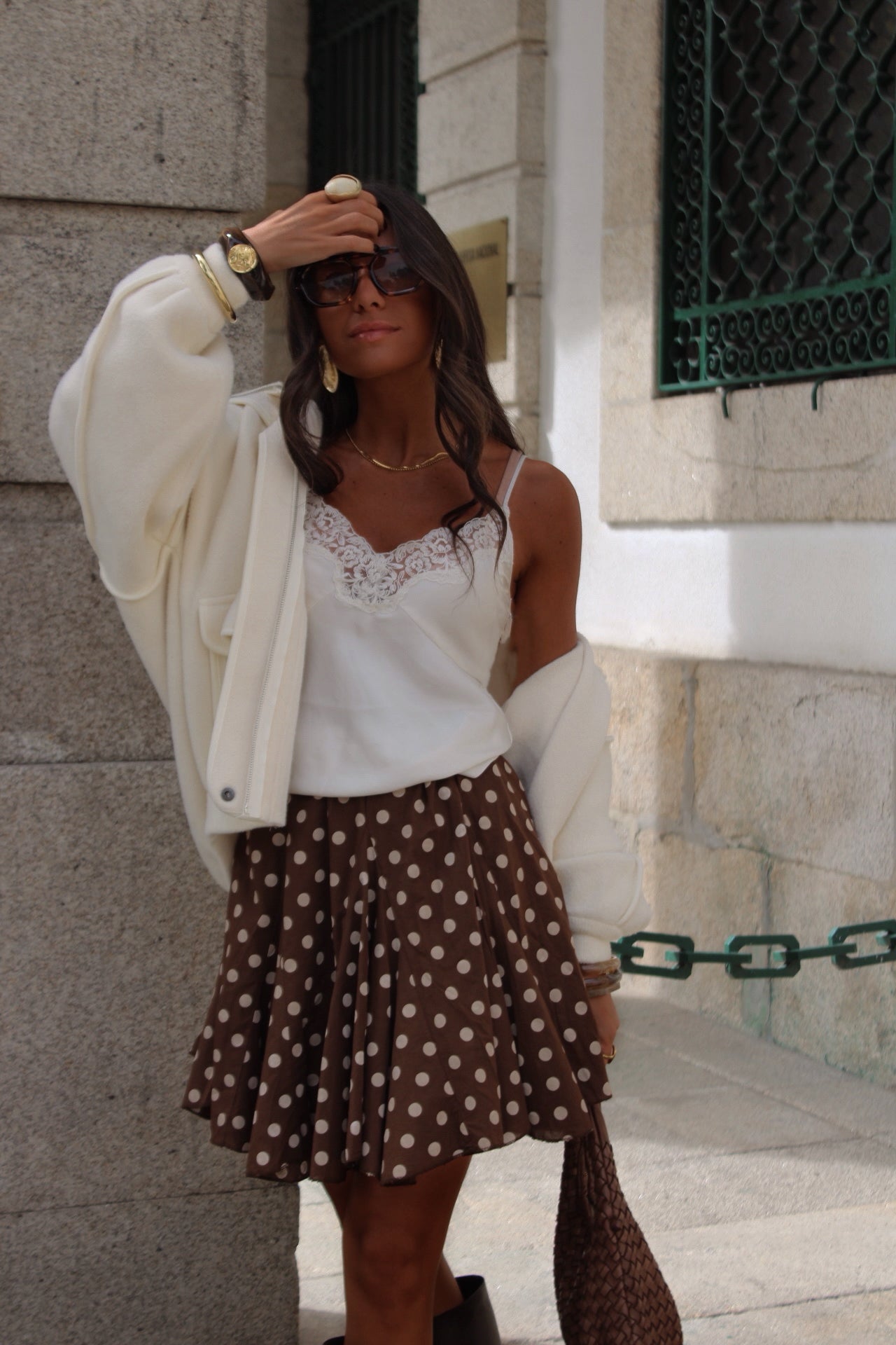 Polka Dot Pleated Skirt in Brown
