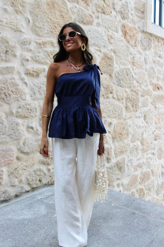 Asymmetrical Navy Top with Tie Detail