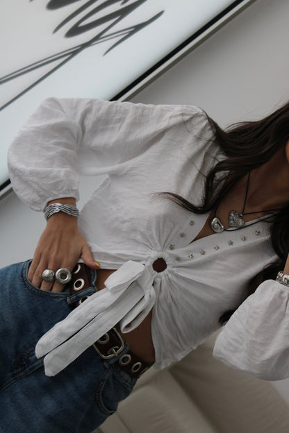 Cropped Top with Star Studs In White