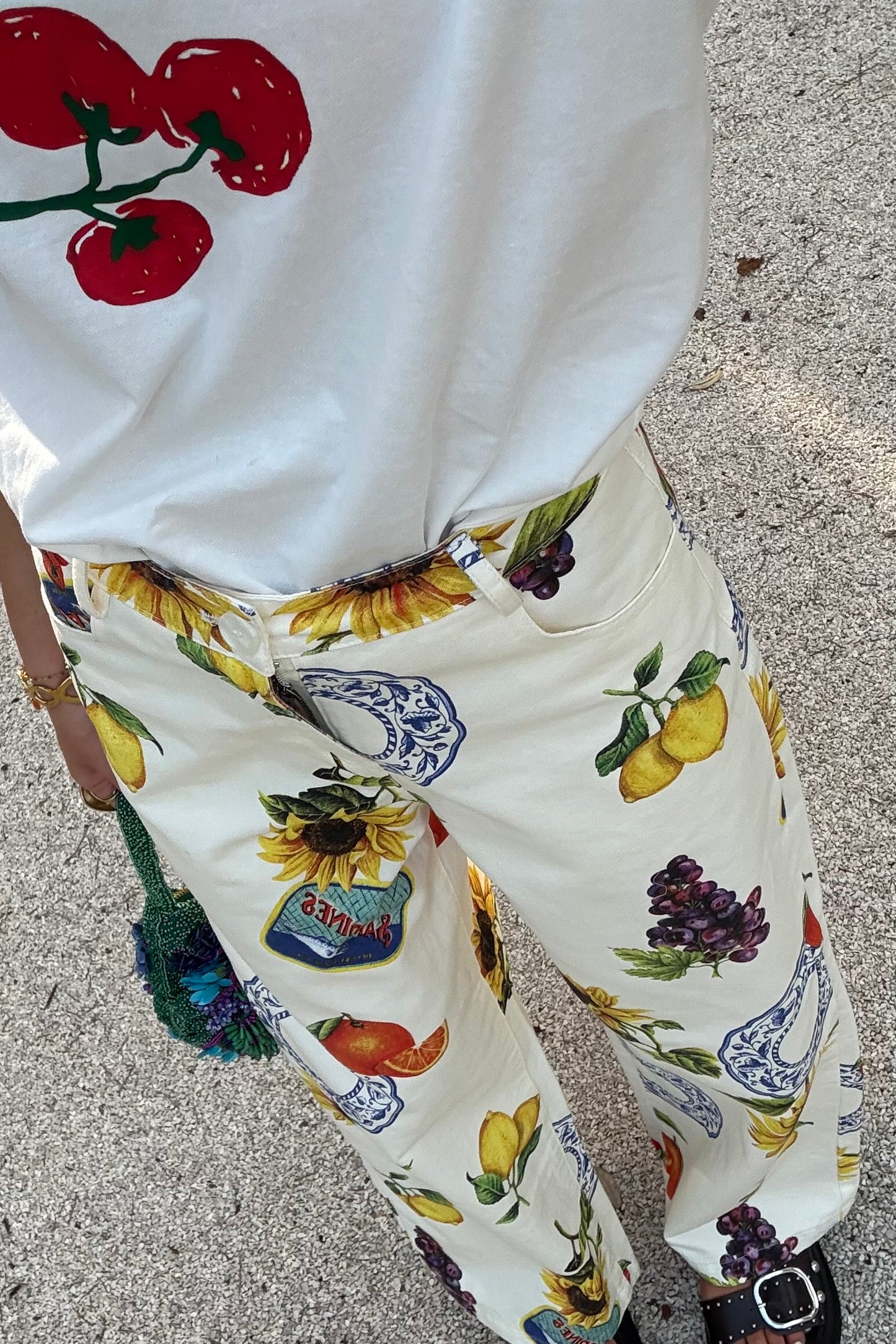 Wide-leg Jeans with Mediterranean-Inspired Prints