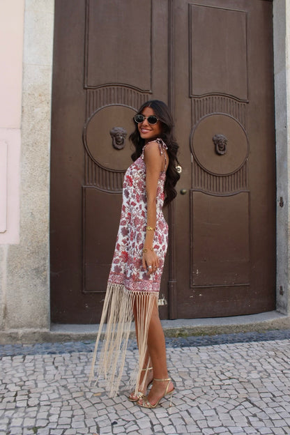 Floral Dress in Shades of Red w/ Golden Fringes