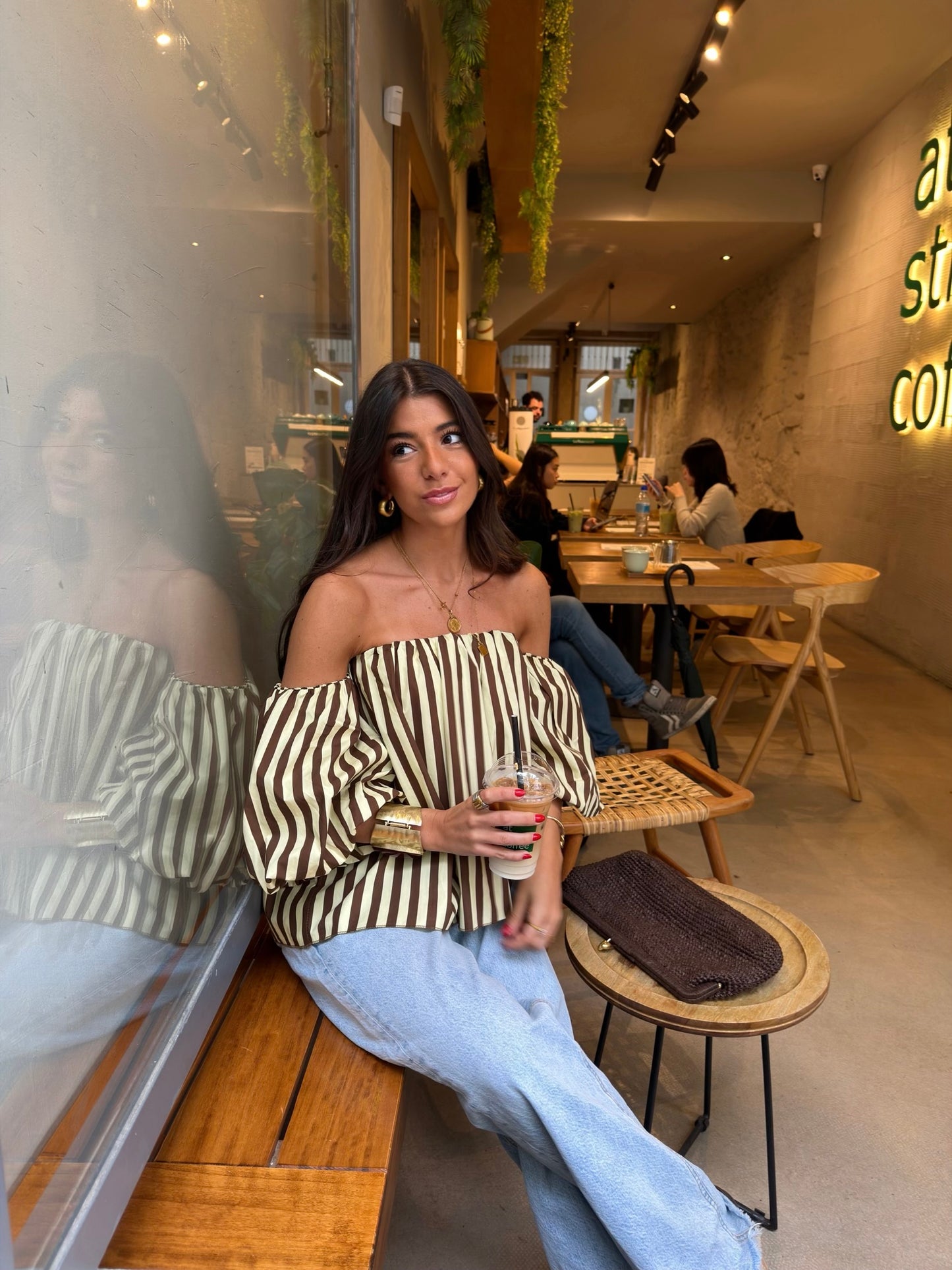 Honey & Mocha Striped Off-Shoulder Top