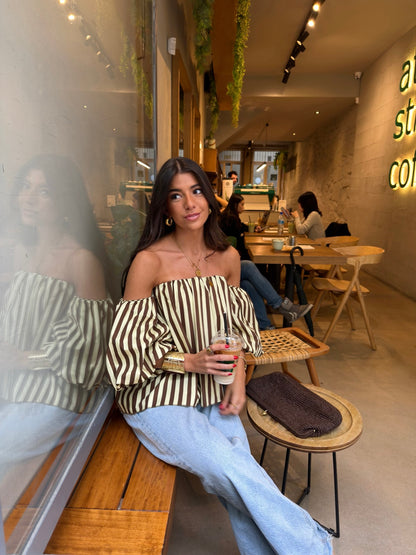 Honey & Mocha Striped Off-Shoulder Top