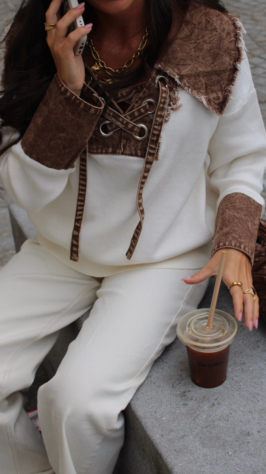 Lace-Up Knit & Denim Contrast Sweater in White & Brown