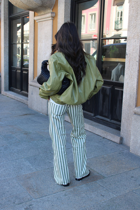 Green Striped Jeans with Front Pockets