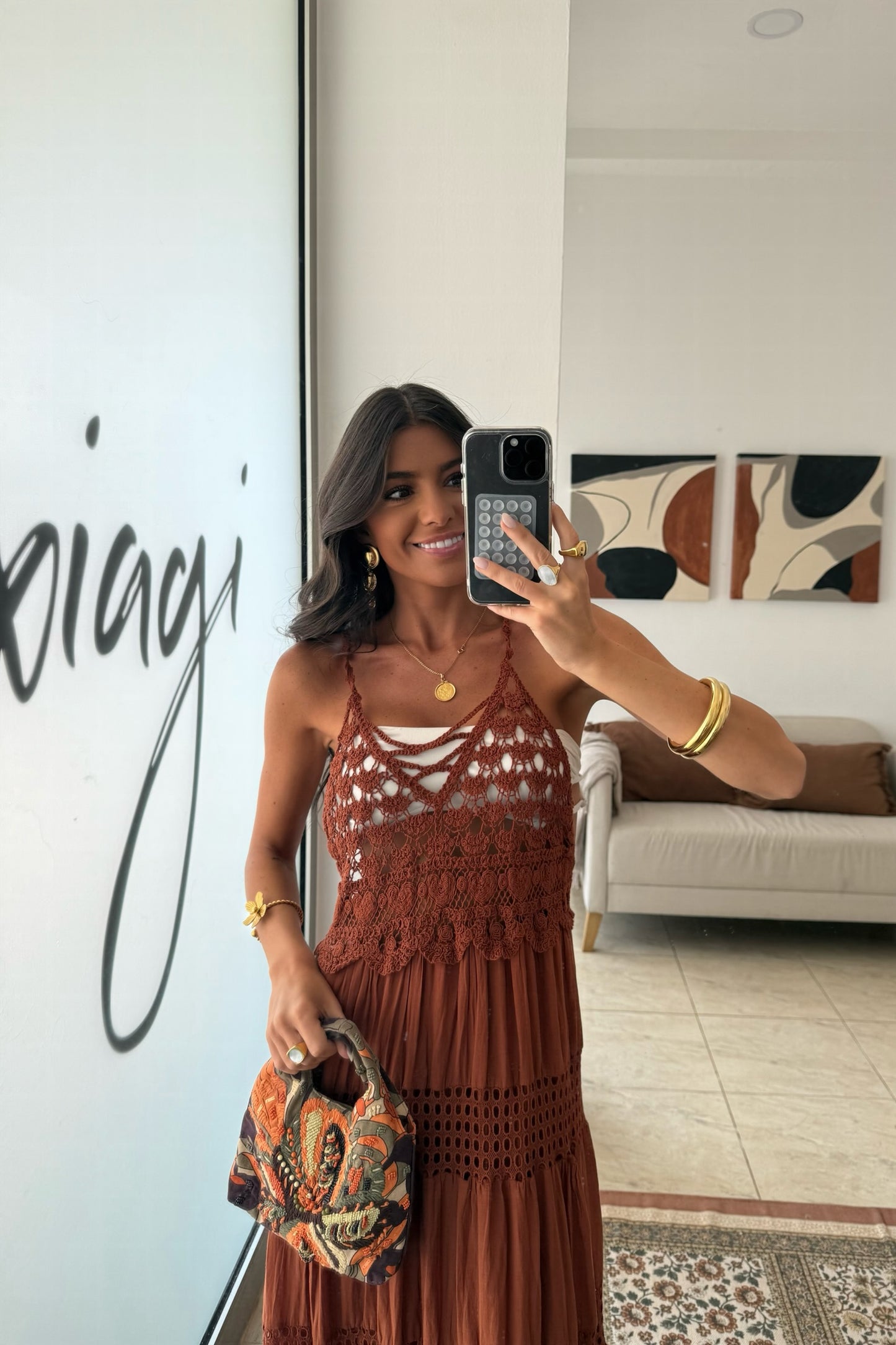 Crochet Trim Maxi Dress in Terracotta