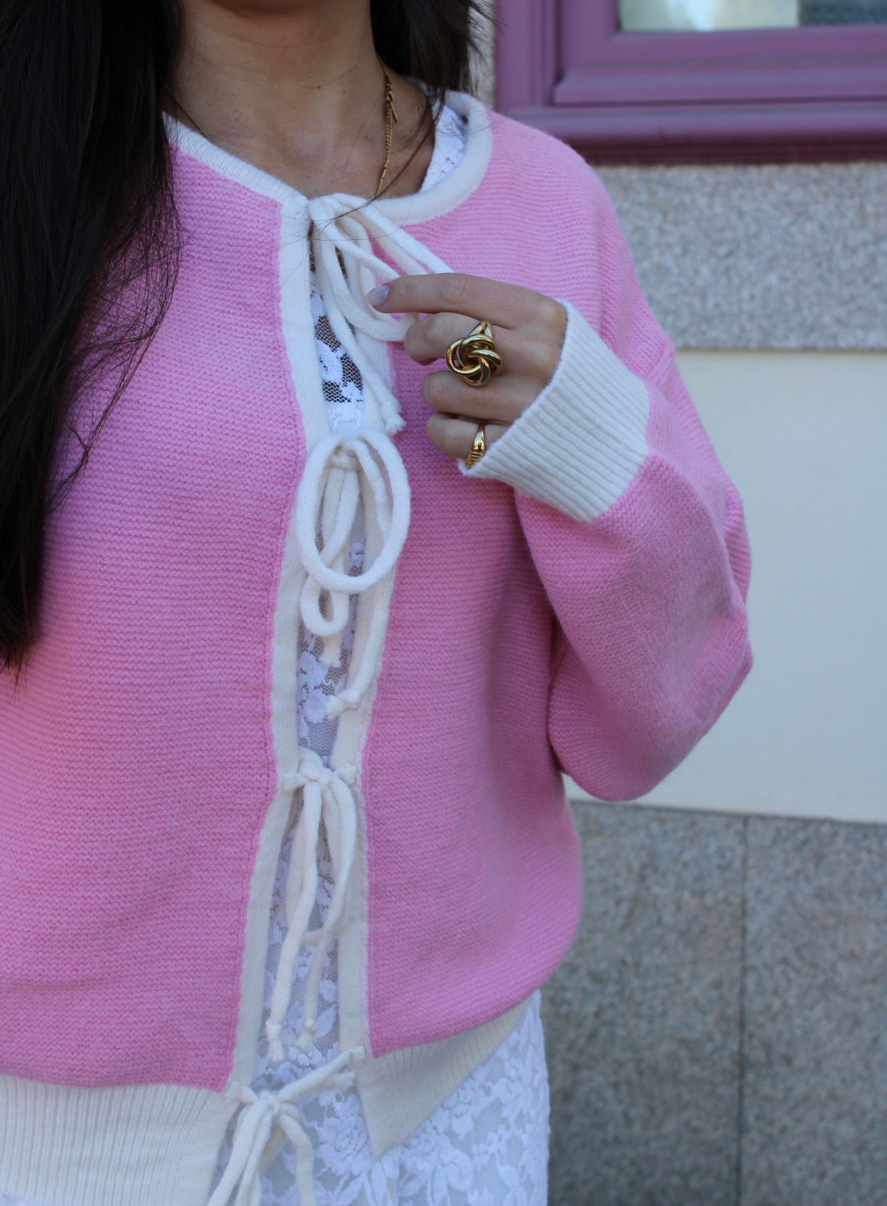 Cardigan Malha com Laços  - Rosa