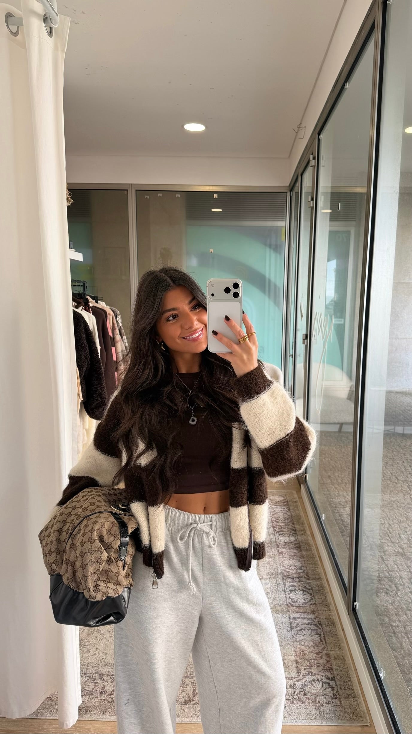 Brown & White Striped Knit Zip Jacket