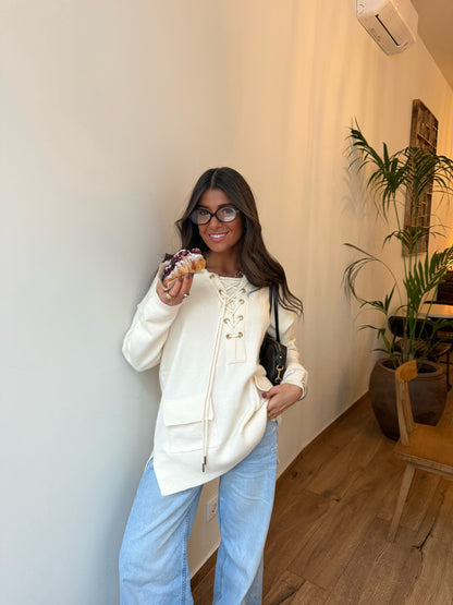 Ecru Knit Hoodie with Lace-Up Detail