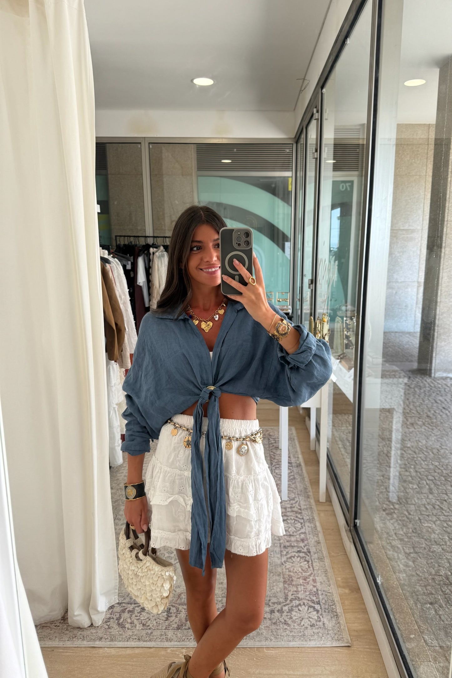 Smoky Blue Linen Shirt with Gold Ring Detail