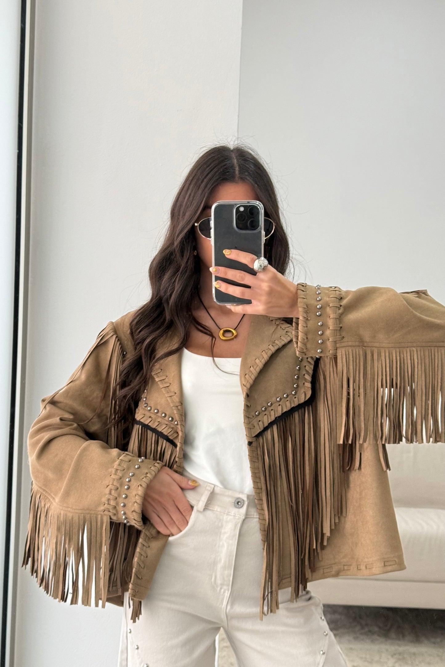 Suede-Effect Jacket with Fringe and Studded Details