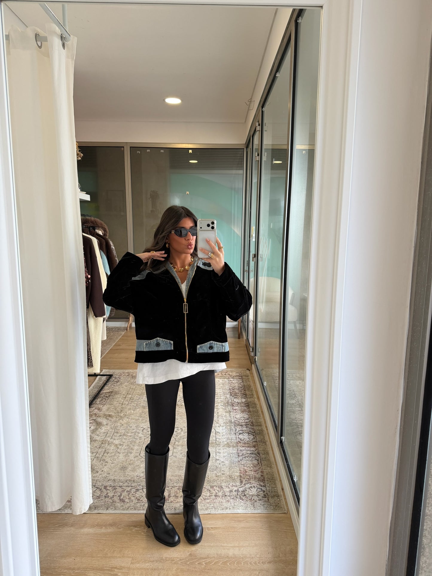 Black Velvet Jacket with Embroidered Denim Accents