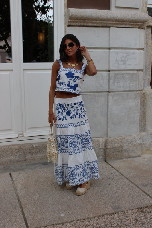 Skirt and Top Set with Electric Blue Embroidery
