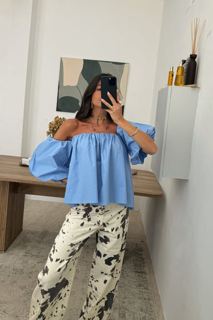 Blue Top with Balloon Sleeves