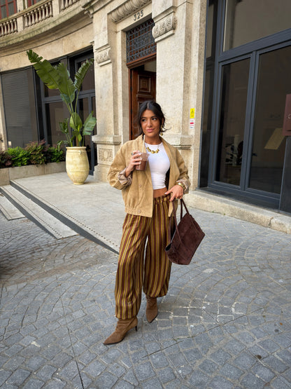 Mocha Stripe Balloon Satin Trousers
