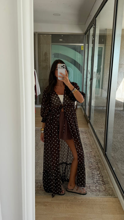 Polka Dot Sheer Maxi Kimono in Brown