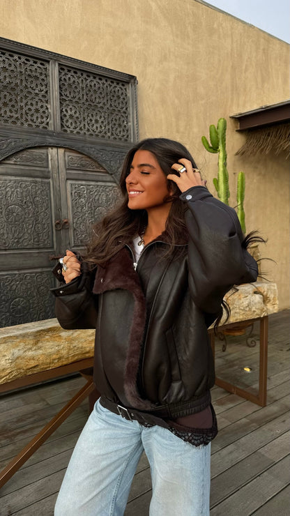 Chocolate Faux Fur Lined Aviator Jacket
