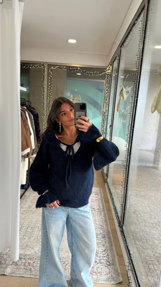 Navy Bow Knit Sweater