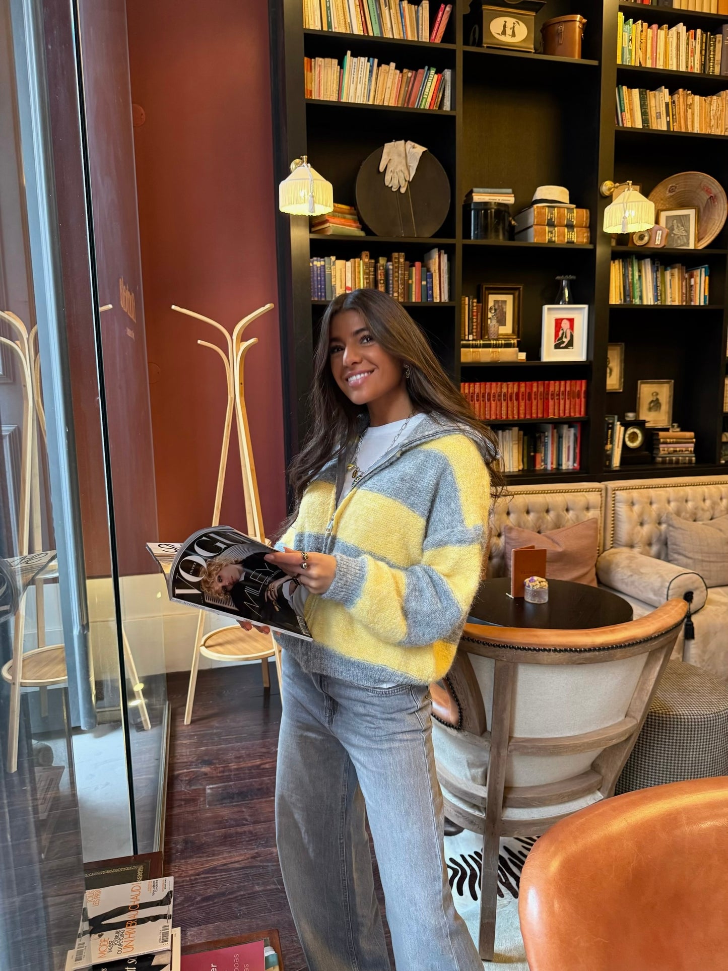 Yellow & Grey Striped Knit Zip Jacket