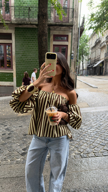 Honey & Mocha Striped Off-Shoulder Top