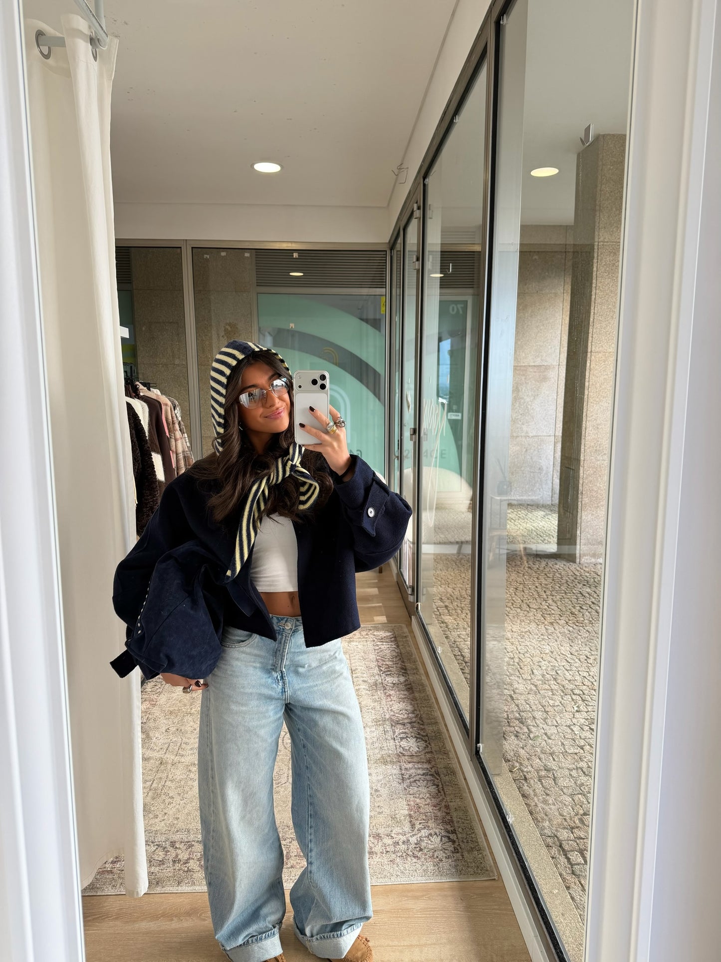 Striped Hooded Knit Scarf in Navy & Butter Yellow