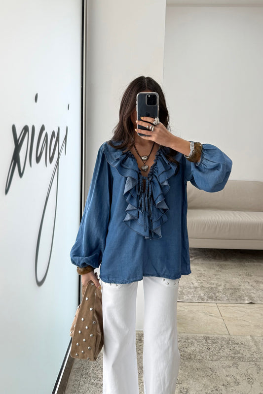 Denim Ruffled Blouse