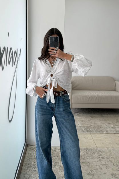 Cropped Top with Star Studs In White