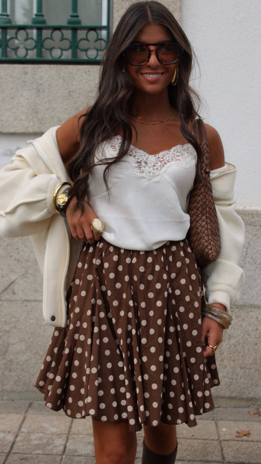 Polka Dot Pleated Skirt in Brown