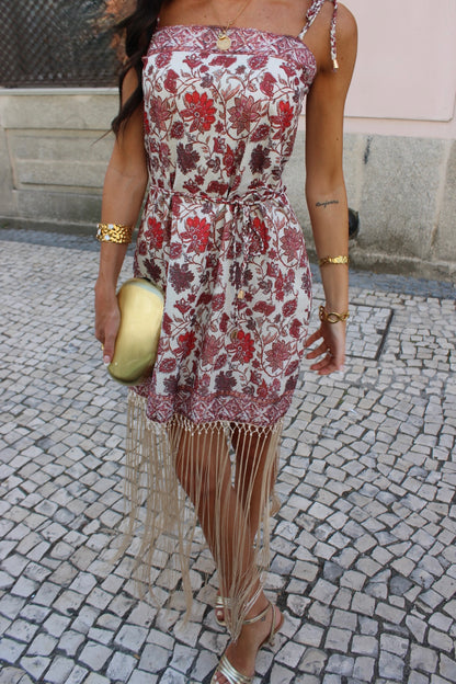 Floral Dress in Shades of Red w/ Golden Fringes