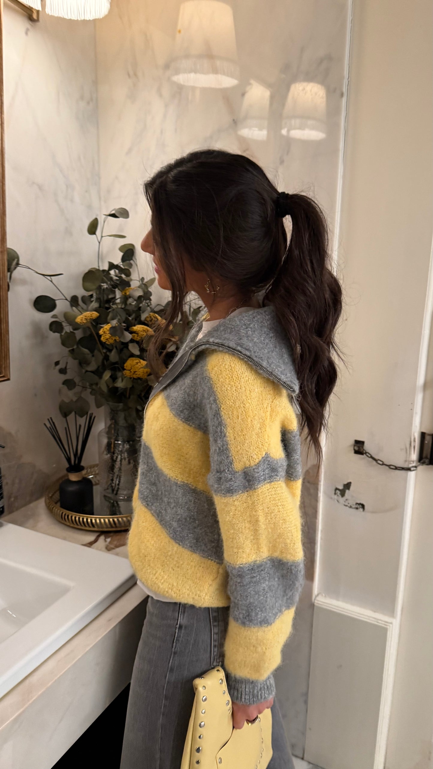 Yellow & Grey Striped Knit Zip Jacket