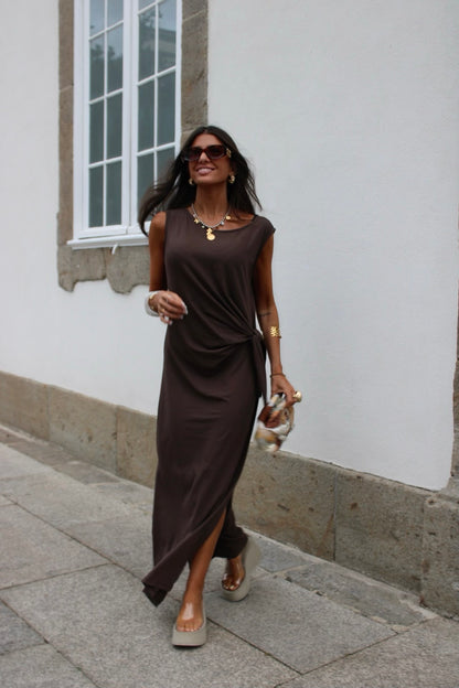 Long Dress with Side Knot in Brown