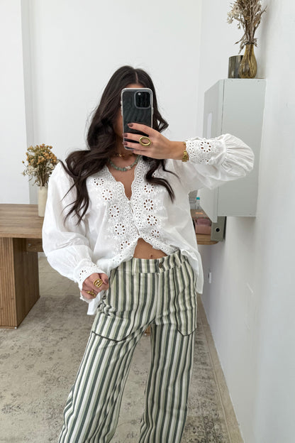 Green Striped Jeans with Front Pockets