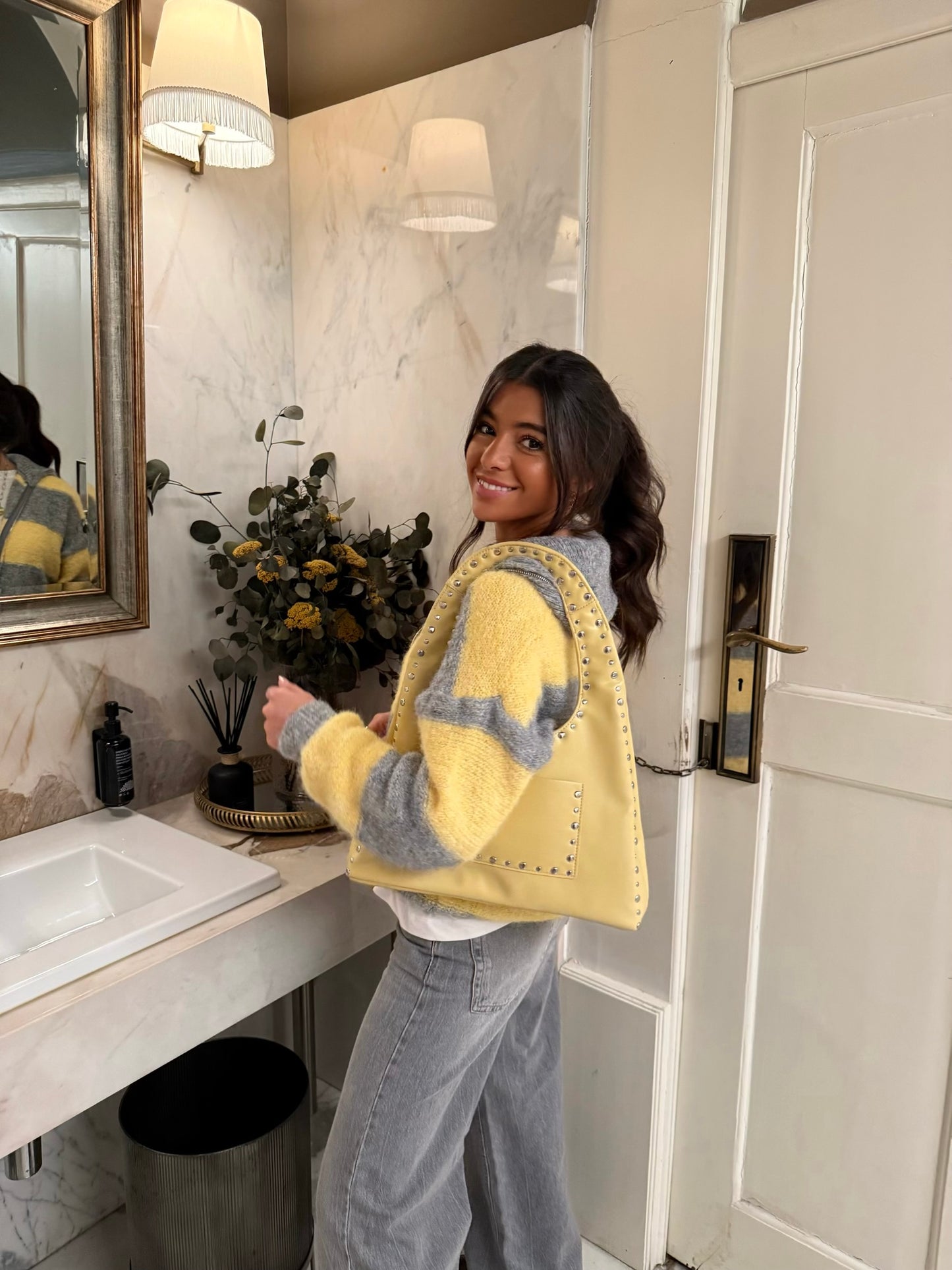 Yellow & Grey Striped Knit Zip Jacket