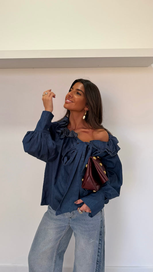 Soft Denim Ruffled Bow Blouse