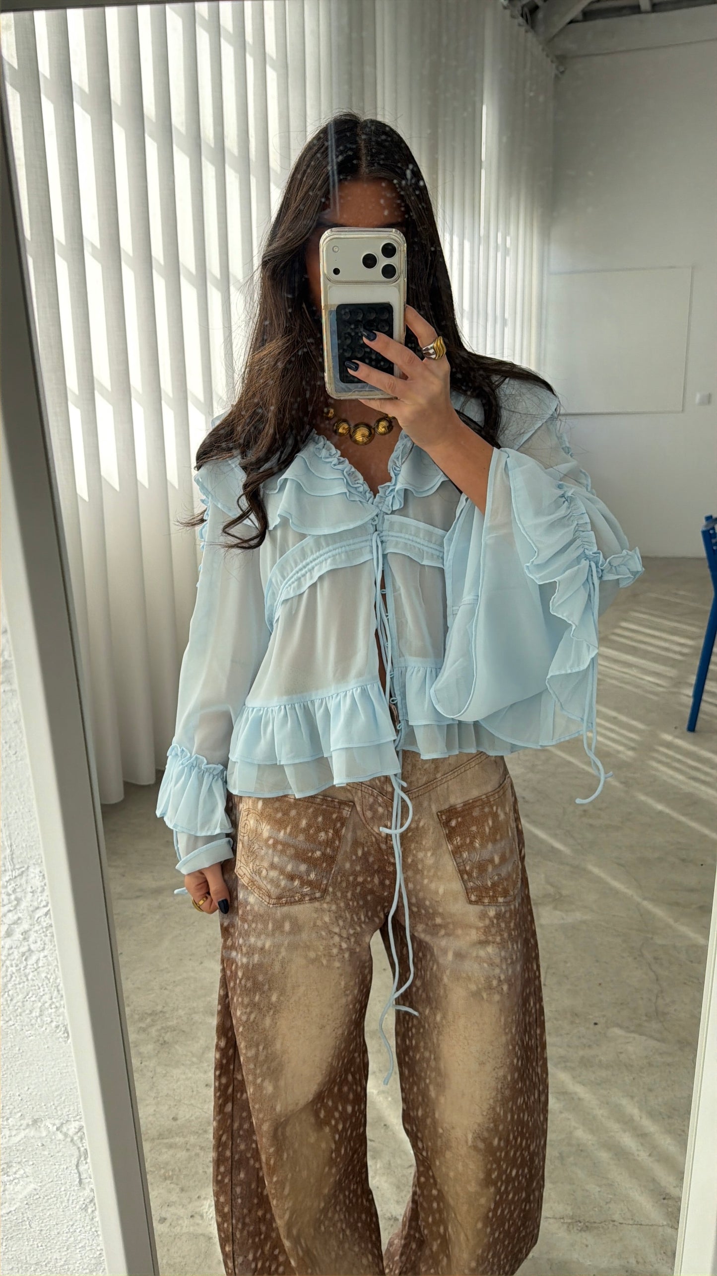 Ice Blue Sheer Ruffle Blouse