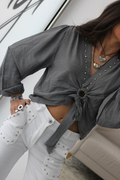 Cropped Top with Star Studs In Grey